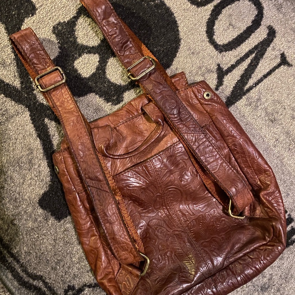 Embossed Brown Leather Backpack - Picture 3 of 3